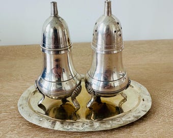 Vintage Silver Plated Salt & Pepper Shaker Set with Tray and Purple Velvet Box | Mid Century Tableware | Hollywood Regency Decor