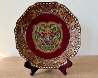 Vintage Asian Decorative Plate Red Green Gold Chinoiserie Style Porcelain Accent Plate 9 Inch Display Plate