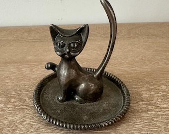 Vintage Pewter Cat Ring Holder Tray | Mid Century Style Cat Jewelry Dish | Metal Kitty Trinket Holder | Small Vanity Catchall
