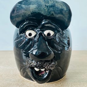 Vintage Linda McMillan Face Jug – Handmade Cleveland Georgia Folk Art – Signed White County Pottery – "Ugly" Southern Stoneware Face Vessel