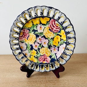 Vintage Portuguese Hand Painted Plate - Reticulated Openwork Edge Ceramic Wall Plaque - Colorful Floral Folk Art Pottery from Portugal - 9"