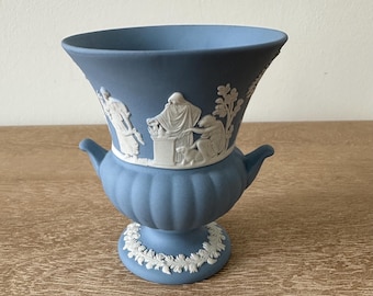 Vintage Wedgwood Jasperware Blue Urn Vase | Mini Classical Relief Pottery Vessel | Made in England Collectible Decor