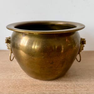 May include: A round, polished brass bowl featuring a wide, smooth rim and two decorative side handles shaped like lion heads, each with a small attached ring. The metal surface displays a warm, golden-brown patina with subtle variations in tone.