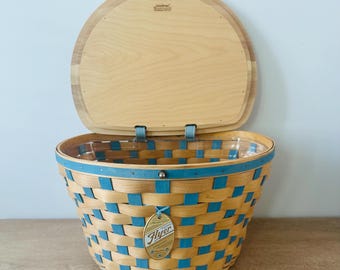 panier à vélo Longaberger vintage avec couvercle en bois | Panier de vélo tissé bleu et naturel | Jamais utilisé | Étiquette Flyer Company Dresde