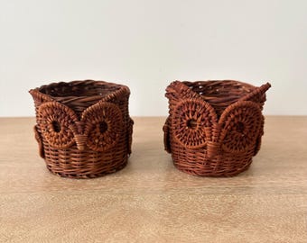 Vintage Wicker Owl Mug Holders Set of 2 | Handwoven Owl Cup Sleeves | Boho Rustic Kitchen Decor | Cottagecore Owl Basket Cups