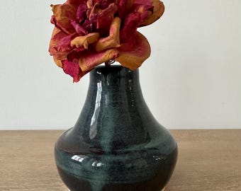 Vintage Studio Pottery Vase | Blue Green Drip Glaze Ceramic Bud Vase | Handmade Artisan Stoneware Decor