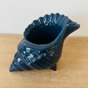 May include: A deep teal ceramic planter shaped like a conch shell. The vessel features a glossy, smooth finish with realistic spiral ridges and a wide, open top. The structure is supported by small, integrated feet at the base, creating a stable form.
