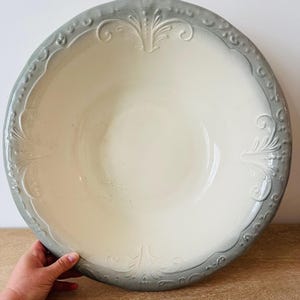 Antique English Ironstone Wash Basin Bowl – Circa 1890 Victorian Era – Embossed Scrollwork Grey Green Ombre Rim – Authentic Farmhouse Decor