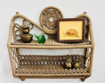 Vintage 1970s Wicker Wall Shelf – Two-Tier Boho Rattan Floating Shelf with Ornate Floral & Knotwork Details