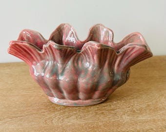 Vintage MCM Pink Pottery Planter Vase | California Pottery Style Ruffle Vase | Mid Century Ceramic Planter | Sculptural Pink Vessel