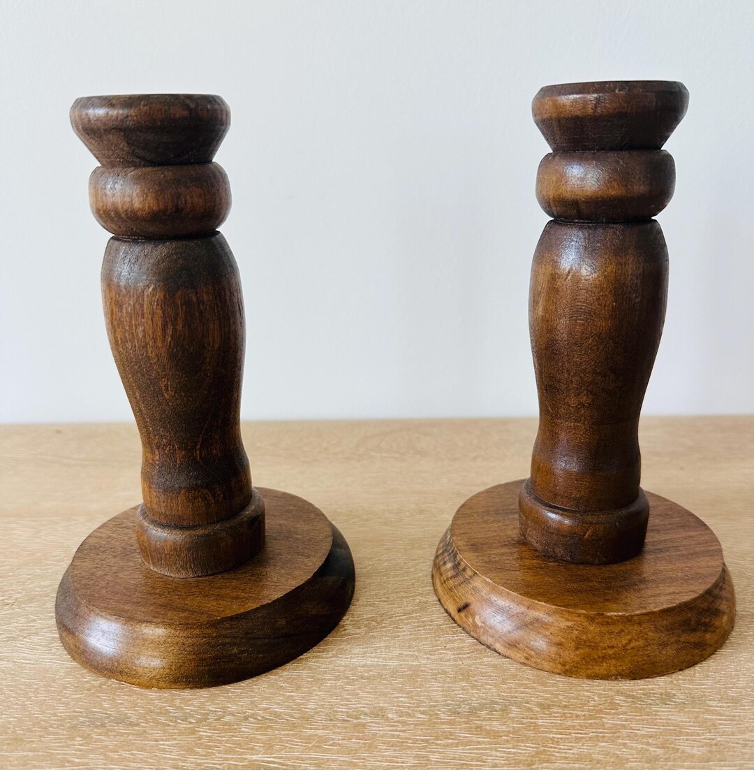 Vintage Wooden Candlestick Holders Set of 2 | Mid Century Turned Wood ...