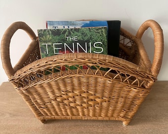Vintage Wicker Magazine Holder Basket | Boho Rattan Magazine Rack | Cottage Style Woven Storage Basket with Handles