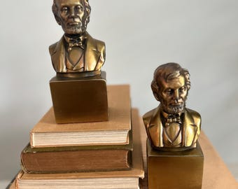 Vintage Abraham Lincoln Bust Bookends | Gold Tone Metal Library Decor