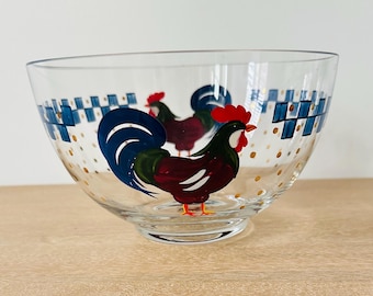 Vintage Lenox Morning Sunshine Rooster Hand-Painted Clear Glass Serving Bowl, 8.5" Round