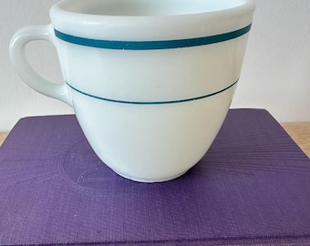 Vintage Pyrex Milk Glass Coffee Mug | White Pyrex Mug with Teal Stripes | Retro Corning Tableware | Mid Century Kitchen Decor