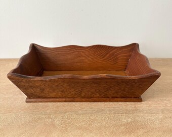 Vintage Wooden Dough Bowl Style Caddy | Rustic Wood Centerpiece Box | Primitive Farmhouse Organizer | Wavy Edge Wooden Tray