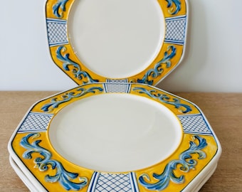 Set von 4 Fitz and Floyd Ricamo Trattoria Speiseteller | Gelb und Blau italienischer Stil dekorative Teller | Toskanisches Geschirr
