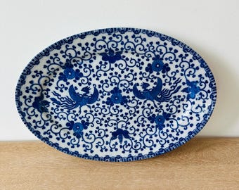 Vintage Blue & White Phoenix Platter | Japanese Porcelain Oval Serving Plate | Asian Chinoiserie Decor | 13” Ceramic Tray