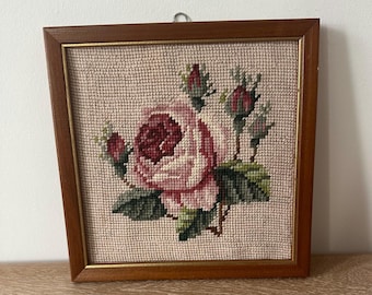 Vintage Framed Rose Needlepoint Wall Art | Cottagecore Floral Embroidery | Handmade Pink Rose Picture No Glass Frame