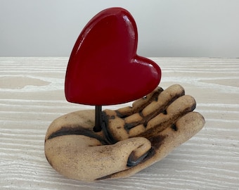 Cathy Broski "Heart in Hand" Ceramic Sculpture | One-of-a-Kind Signed Studio Pottery | Red Gloss Heart & Textured Stoneware Hand