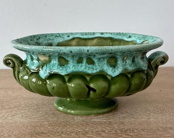 Vintage Green Drip Glaze Stoneware Centerpiece Bowl | Mid Century Pedestal Vase Planter | Rustic Cottage Ceramic Vessel
