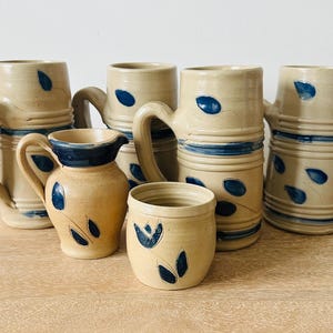 Vintage Unmarked Pottery Salt Glaze Set - 6 Pieces: Cobalt Blue Leaf Mugs, Creamer Pitcher and Sugar Pot