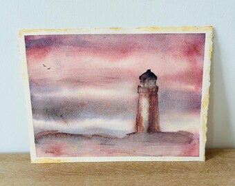 Vintage Lighthouse Watercolor Painting | Unframed Coastal Art Print | Signed Seaside Artwork | Cottage Coastal Decor