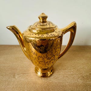 Vintage Gold Teapot |  Gold Ceramic Coffee Pot | Mid Century Hollywood Regency Serving Pot | USA Pottery