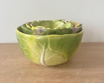 Set of Four- Vintage Real Home Nesting Mixing Bowls Set | Cabbage Leaf Ceramic Bowls | Cottagecore Kitchen Decor | Green Serving Bowl Set
