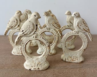 Vintage Allasta Cast Iron Bird Napkin Rings Set of 8 | Distressed Cream Farmhouse Table Decor | Cottagecore Bird Napkin Holders