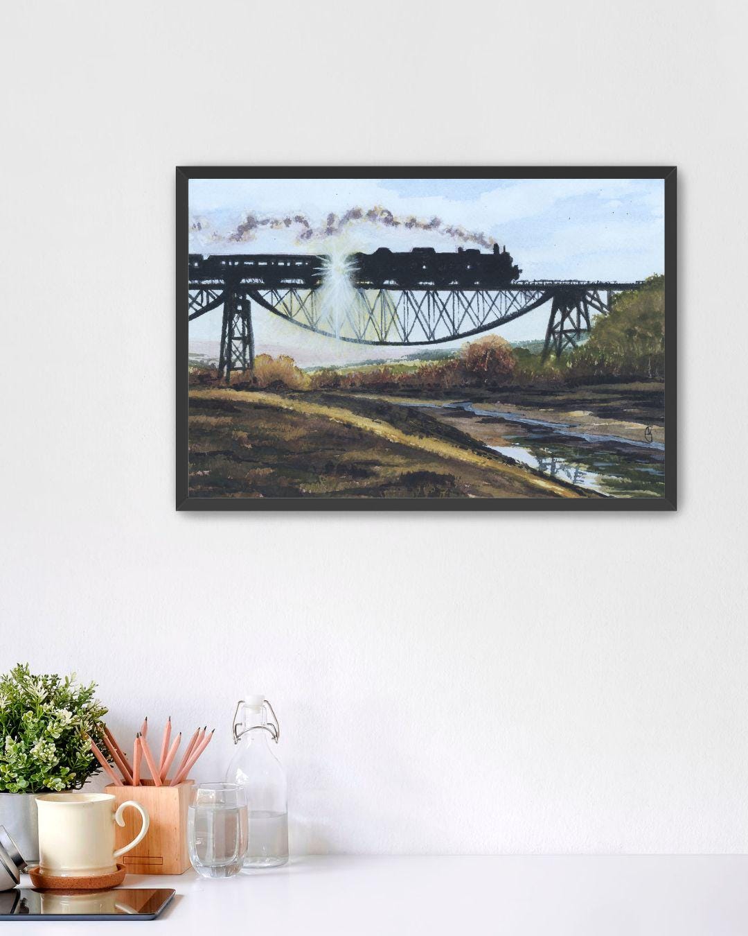 Vintage Train Wall Art Print, Railroad Landscape Painting, Framed Art ...