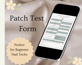 Pode incluir: Um smartphone exibindo um "Formulário de Teste de Patch" em um fundo branco. O telefone está inclinado, mostrando o layout do formulário com campos de informações. O texto na imagem diz "Perfeito para Técnicos de Unhas Iniciantes."