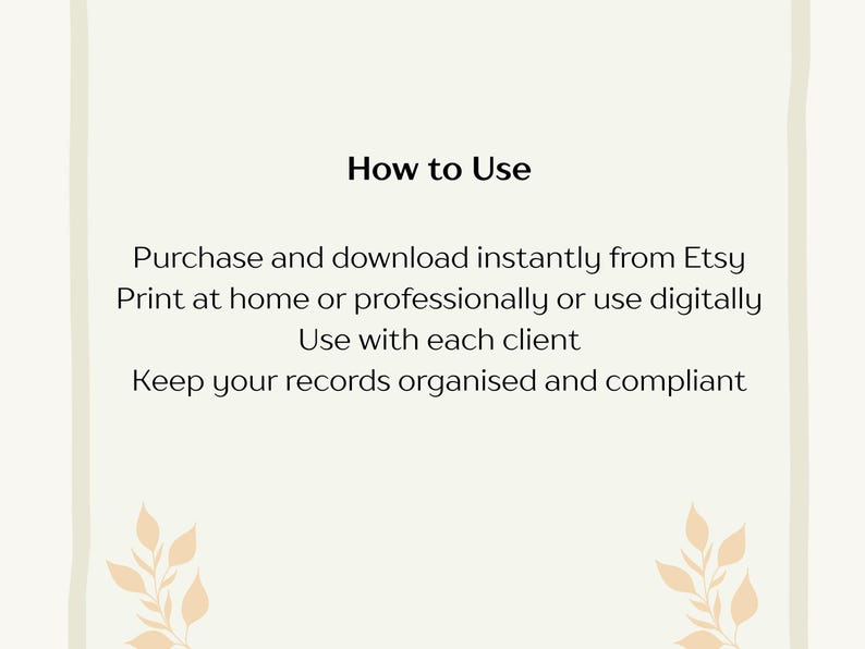 Pu&ograve; includere: Stampa digitale color crema con il testo "How to Use" e le istruzioni: Acquista e scarica istantaneamente da Etsy, stampa a casa o professionalmente, usa digitalmente, usa con ogni cliente e mantieni i tuoi registri organizzati.