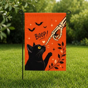 Halloween Black Cat Garden Flag, Boop Cat Yard Flag, Spooky Cat Decor, Skeleton Hand Flag, Cute Fall Outdoor Decoration image 2