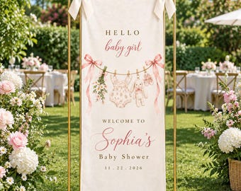 Baby Girl Shower Welcome Banner, Personalized Floral Bunny Baby Shower Sign, Clothesline Nursery Decor, Custom Fabric Party Banner
