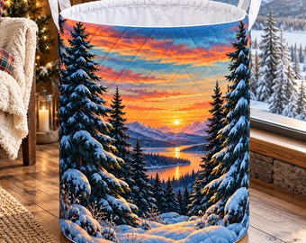 Winter Sunset Quilted Laundry Basket, Snowy Mountain Pine Tree Storage Bin, Woodland Fabric Hamper, Rustic Cabin Basket, Forest Decor