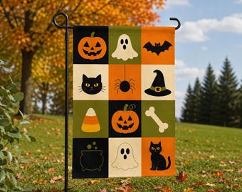 Vintage Halloween Garden Flag, Retro Halloween Yard Decor, Pumpkin Ghost Black Cat Flag, Spooky Fall Outdoor Porch Decoration