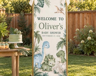 Dinosaur Baby Shower Welcome Sign, Personalized Dino Fabric Banner, Boy Baby Shower Backdrop, Jurassic Jungle Party Decorations