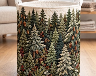 Forest Charm Quilted Laundry Basket, Mountain Pine Tree Storage Bin, Woodland Fabric Hamper, Rustic Cabin Basket, Nature Home Decor
