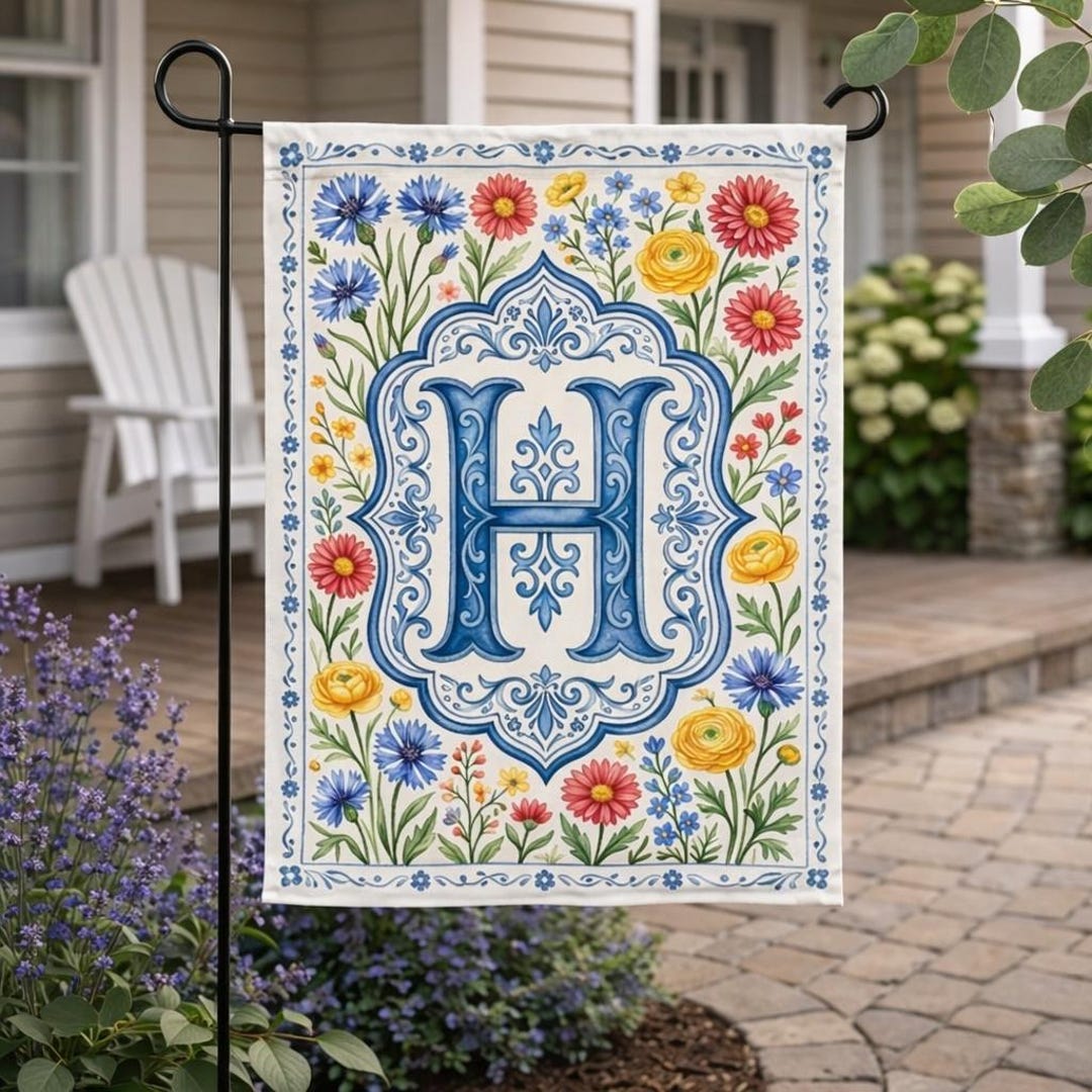 Personalized Floral Monogram Garden Flag, Personalized Crest Garden ...