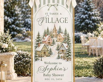 Winter Baby Shower Welcome Banner, It Takes a Village Sign, Personalized Christmas Baby Shower Decor, Winter Village Backdrop