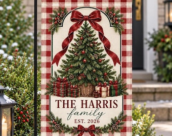 Personalized Christmas Garden Flag, Gingham Christmas Tree Flag, Custom Family Name Yard Decor, Vintage Holiday Garden Flag