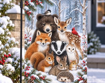 Winter Woodland Animals Garden Flag, Cute Forest Animals Christmas Yard Flag, Snowy Wildlife Garden Decor, Rustic Winter Outdoor Flag