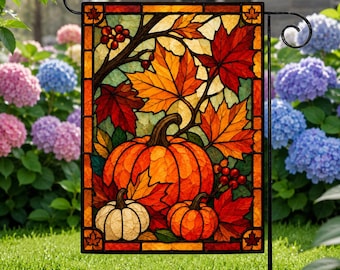 Fall Pumpkin Leaves Garden Flag, Stained Glass Pumpkin Flag, Autumn Leaves Garden Flag, Harvest Yard Decor, Thanksgiving Porch Decor