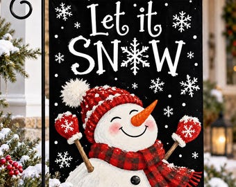 Let It Snow Garden Flag, Snowman Christmas Garden Flag, Winter Garden Flag, Buffalo Plaid Snowman, Christmas Yard Decor,Holiday Outdoor Flag
