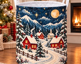 Christmas Village Laundry Basket, Winter Wonderland Storage Bin, Snowy Mountain Hamper, Holiday Clothes Basket, Christmas Home Decor