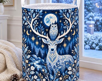 Winter Deer Laundry Basket, Celestial Owl Quilt Hamper, Blue Woodland Storage Bin, Moon Stars Nursery Decor, Winter Forest Decor
