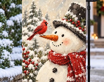 Snowman Cardinal Garden Flag, Winter Garden Flag, Red Bird Christmas Yard Flag, Snowman Outdoor Decor, Rustic Farmhouse Christmas Decoration