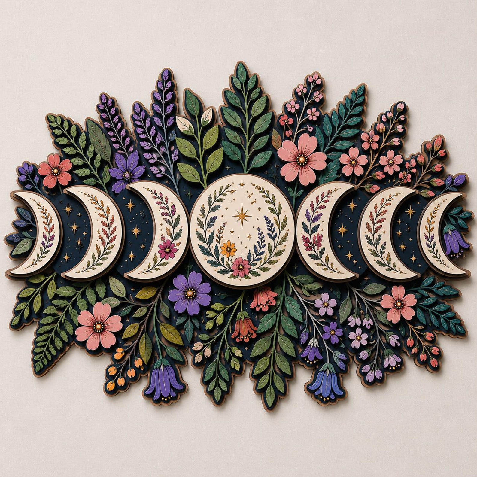 Moon Phase Wooden Sign, Celestial Floral Wall Decor, Witchy Botanical Moon Art, Boho Crescent Moon Hanging Sign