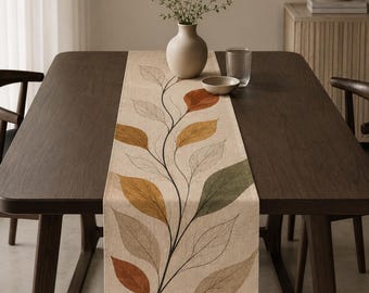 Boho Floral Table Runner, Modern Botanical Table Runner, Neutral Linen Table Decor, Minimalist Dining Table Runner, Fall Table Runner